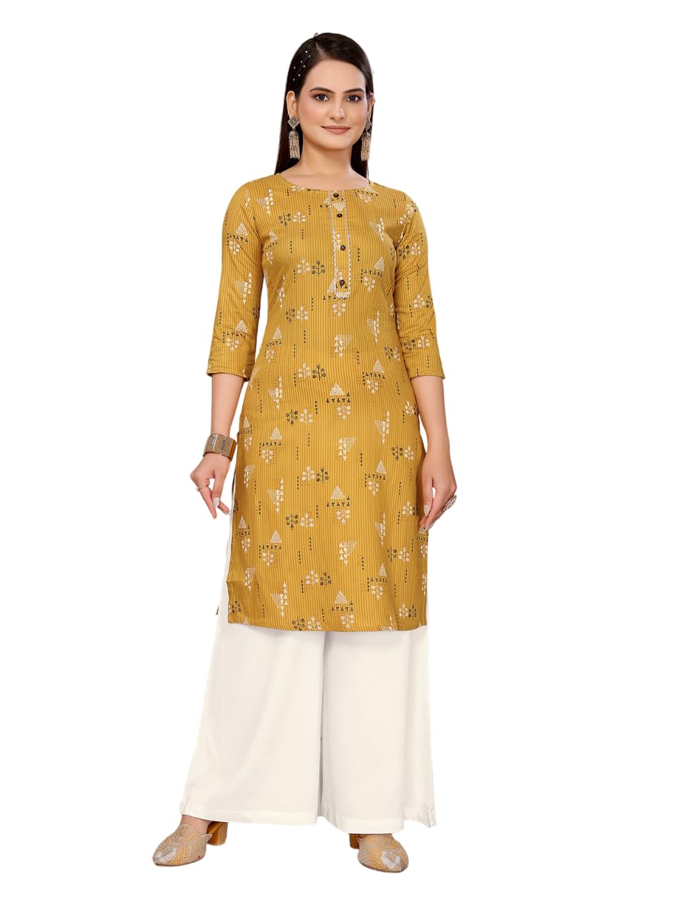 rangita Mustard Rayon Straight Printed Knee Length Kurti | Kurta for Women