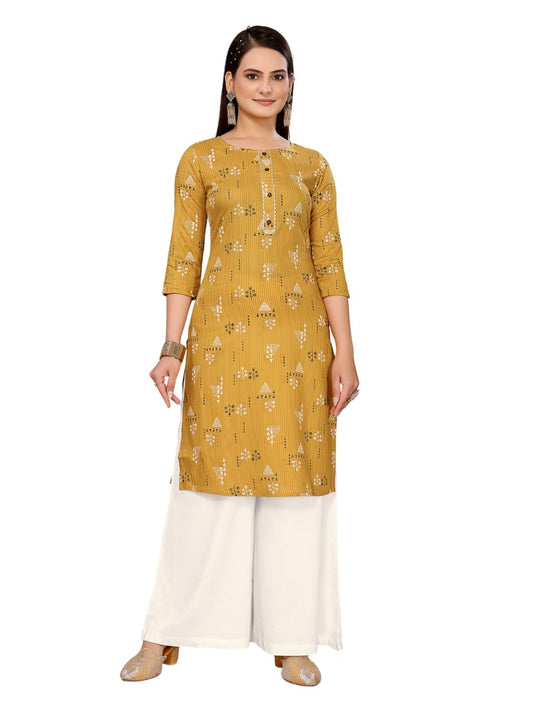 rangita Mustard Rayon Straight Printed Knee Length Kurti | Kurta for Women