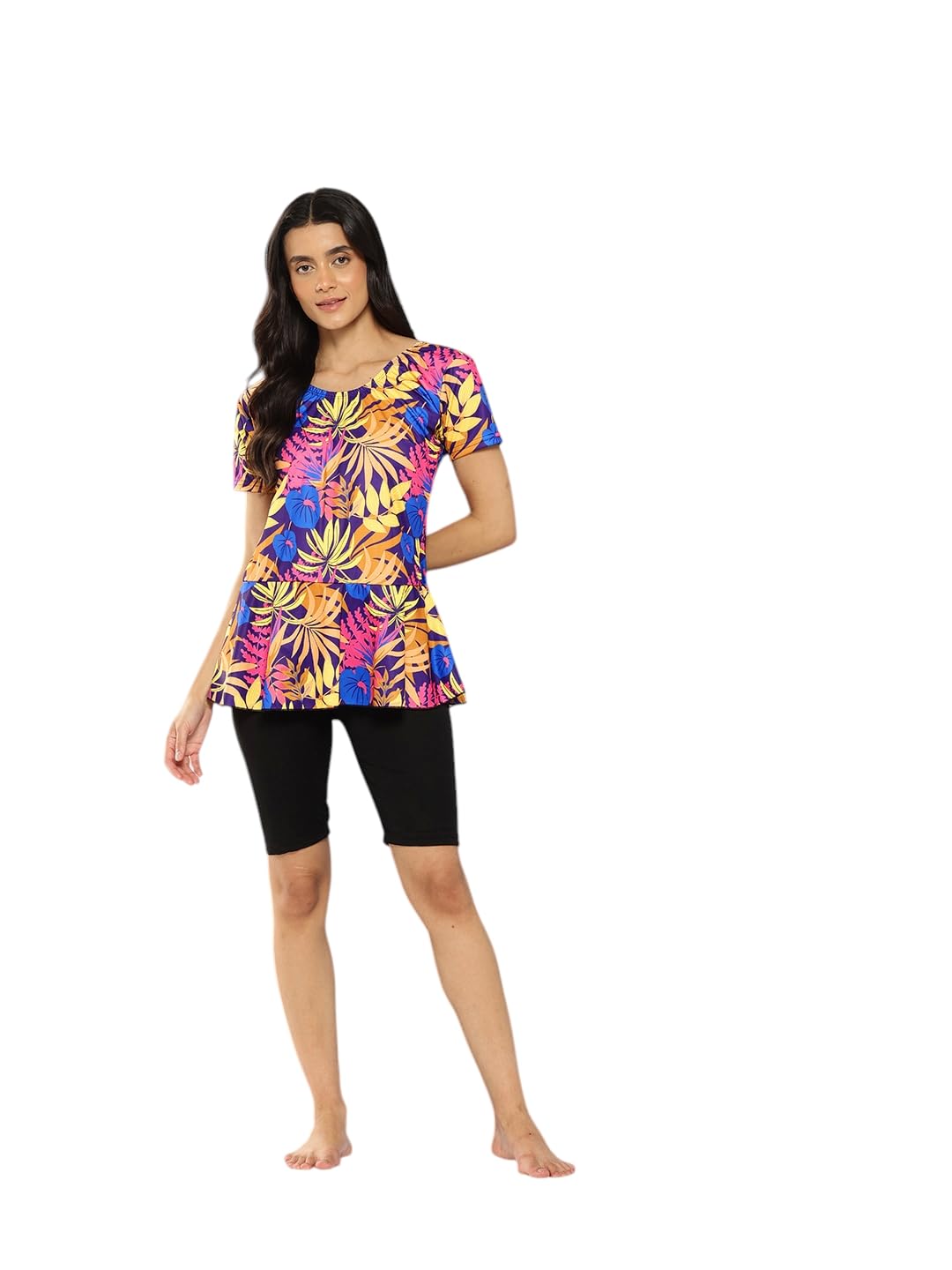Aarika Womens Sports Wear Yellow-Black Colour Floral Print Nylon Swim Suit with Cap-(XS-4XL)-(SW-CP-W-SHM-CA-1111-YELLOW-SK-42)