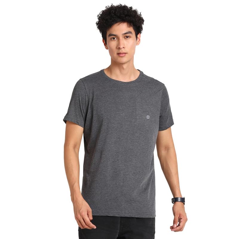Turtle Men Essential 100% Cotton Charcoal Melange Plain Round Neck Half Sleeve Casual T-Shirt