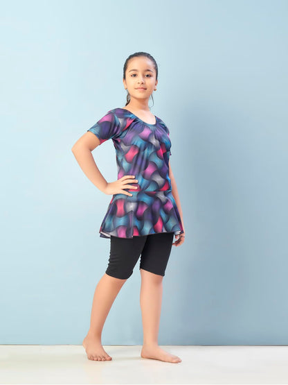 Aarika Girls Sports Wear Multi-Black Colour Abstract Print Nylon Swim Suit (5-15 Years)-(SW-SHM-CA-1120)