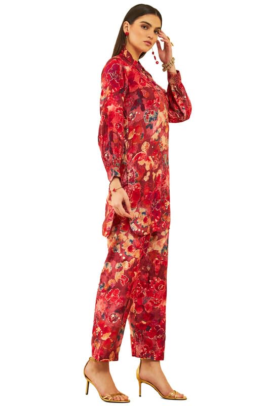 Soch Womens Red Muslin Floral Printed Co-Ord Set With Tassels