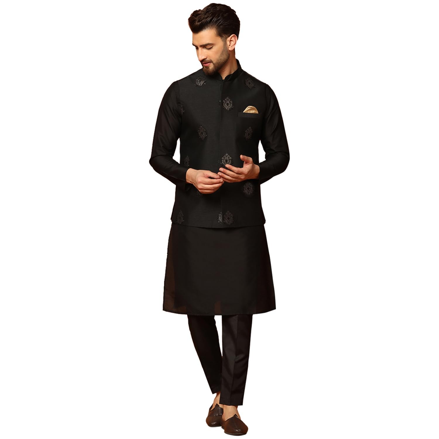 Kisah MenS Kurta Jacket Trousers Set Cotton Blend, Embroidered, Full Sleeves, Straight, Regular Fit, Mandarin Collar Ethnic Cas