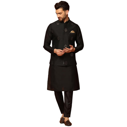 Kisah MenS Kurta Jacket Trousers Set Cotton Blend, Embroidered, Full Sleeves, Straight, Regular Fit, Mandarin Collar Ethnic Wea