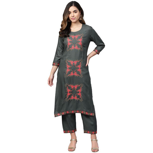 anubhutee Charcoal Grey Floral Embroidered Straight Kurta Suit Set with Pants for Women