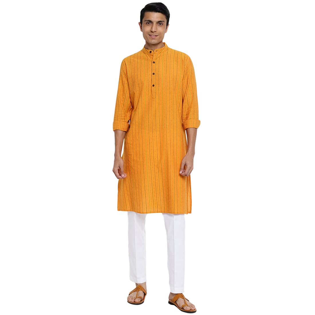 Fabindia Men Cotton Dobby Long Kurta Yellow_Xl