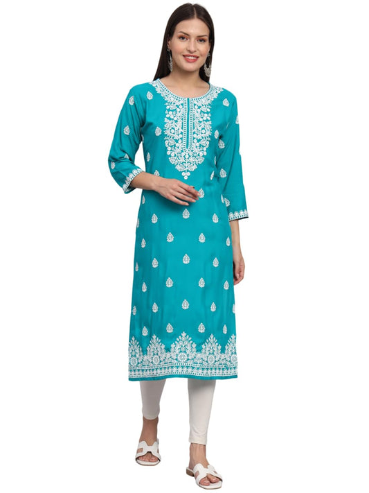Ekasya WomenS Rayon Straight Cut Round Neck Kurta With Beautiful Floral Lucknowi Chickankari Work (E1586) Sea Green