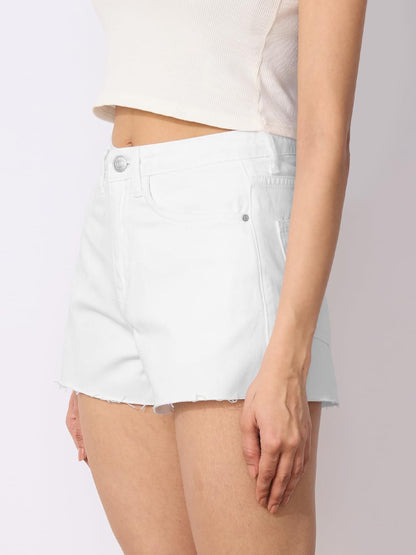 The Souled Store Denim Shorts: Moonlight Women and Girls Buttoned White Cotton Mini Above The Knee Denim Shorts