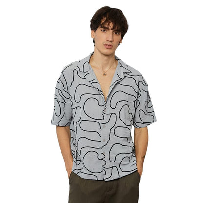 Campus Sutra Mens Cloud Grey Abstract-Lined Oversized Shirt for Casual Wear | Cuban Collar | Short Sleeve | Button Closure | Ov