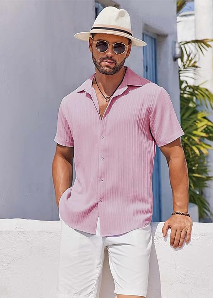CB-COLEBROOK Mens Casual Button Down Soft Linen Shirts Short Sleeve Textured Summer Beach Shirts for Men (in, Alpha, M, Regular