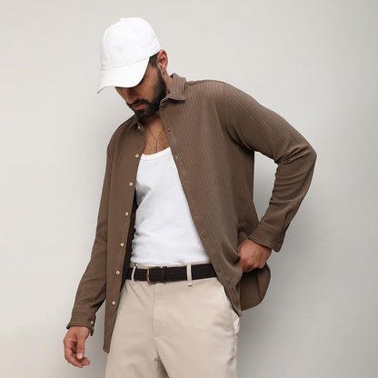 Campus Sutra Mens Tan Brown Stripe-Creased Shirt for Casual Wear | Spread Collar | Long Sleeves | Button Closure | Shirt Crafte