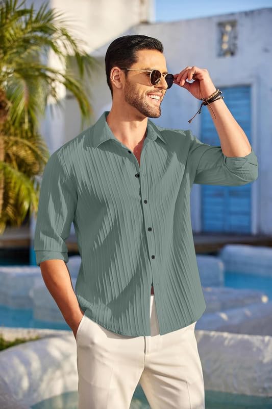 Macsivo MenS Casual Button Down Shirts Long Sleeve Linen Shirt Fashion Textured Beach Summer Shirt Green