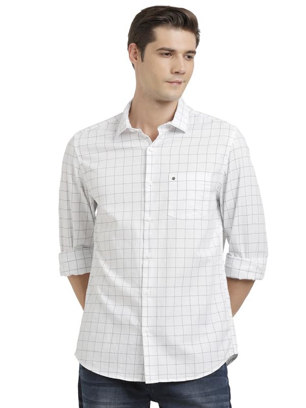 Turtle Men 100% Cotton Slim Fit White Check Full Sleeve Casual Shirt
