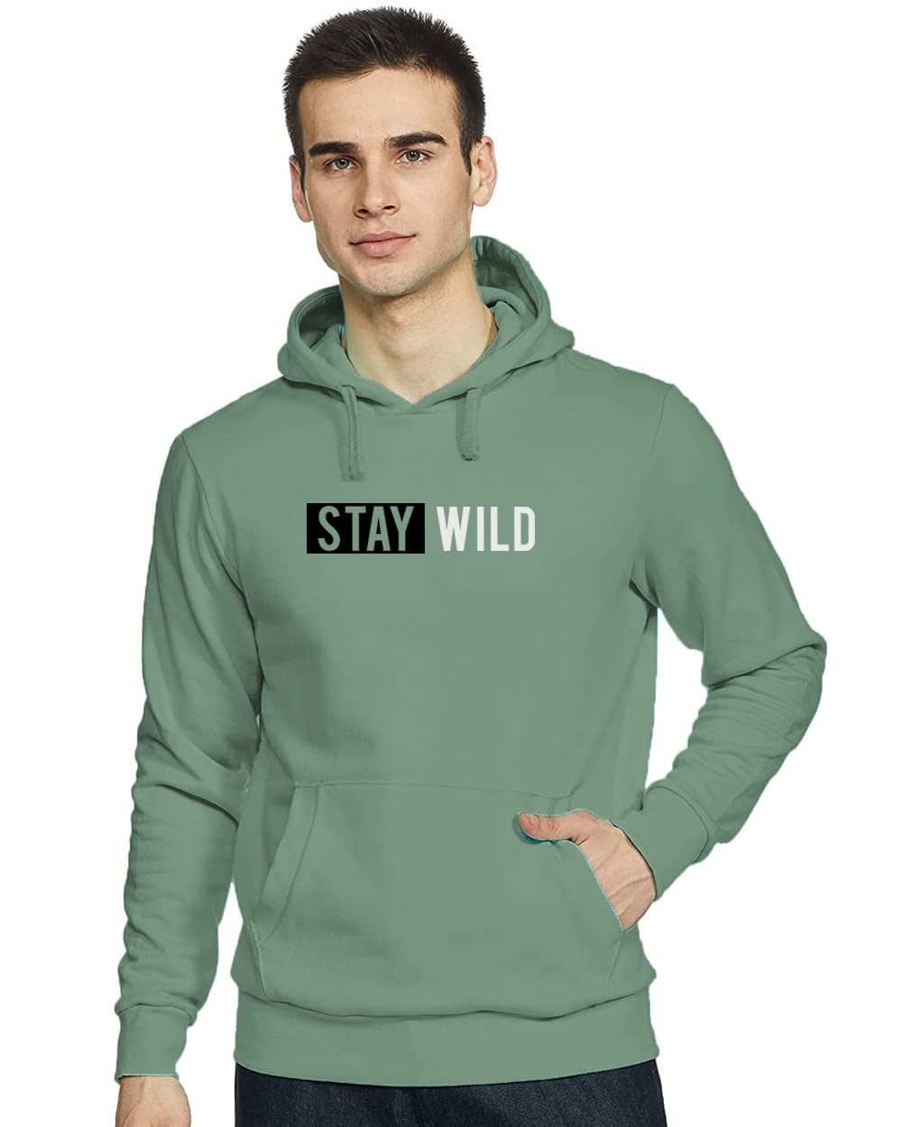 ADRO Men's Stay Wild Design Printed Hooded Neck Cotton Hoodies (H21-M-STAY-PT_Pista)