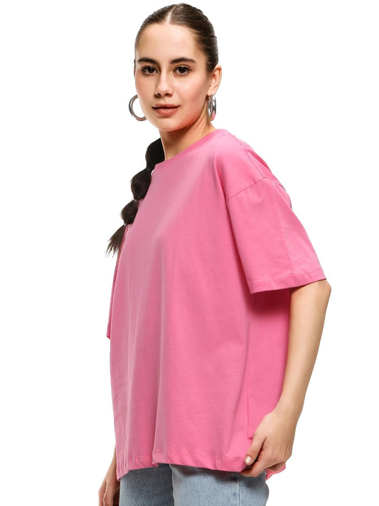 Bewakoof Womens Bubble Pink Round Neck Half Sleeve Oversized T-Shirt