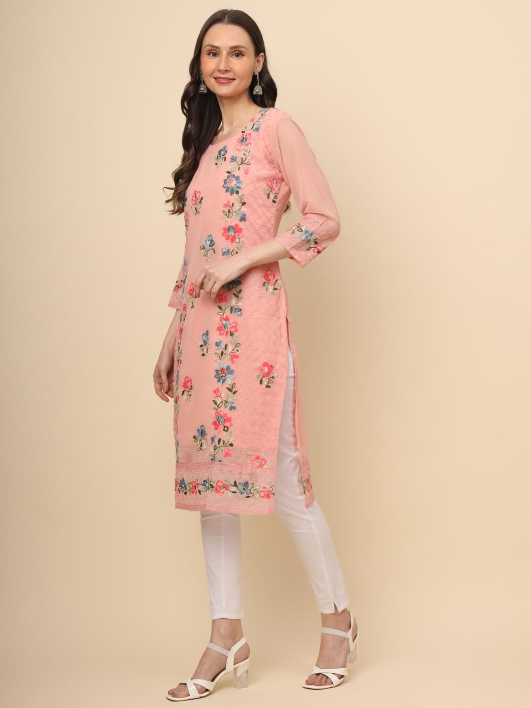 Ekasya WomenS Georgette Straight Cut Round Neck Kurta With Beautiful Embroidery Work (E1628) - Elegant Design, Intricate Embroi