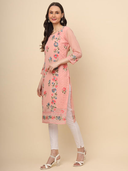 Ekasya WomenS Georgette Straight Cut Round Neck Kurta With Beautiful Embroidery Work (E1628) - Elegant Design, Intricate Embroi