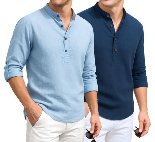 Deelmo Combo Of MenS Cotton Blend Solid Regular Fit Full Sleeve Short Kurta | MenS Trendy Short Kurta Pack Of 2 Sky - Navy