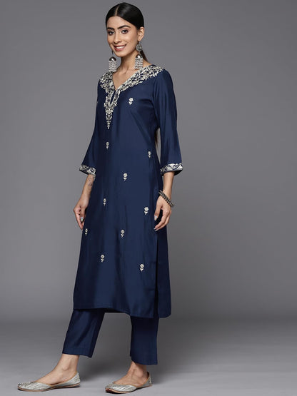 Varanga Women Navy Blue Placement Design Zari Embroidered Kurta Paired With Tonal Bottom And Tonal Chiffon Dupatta