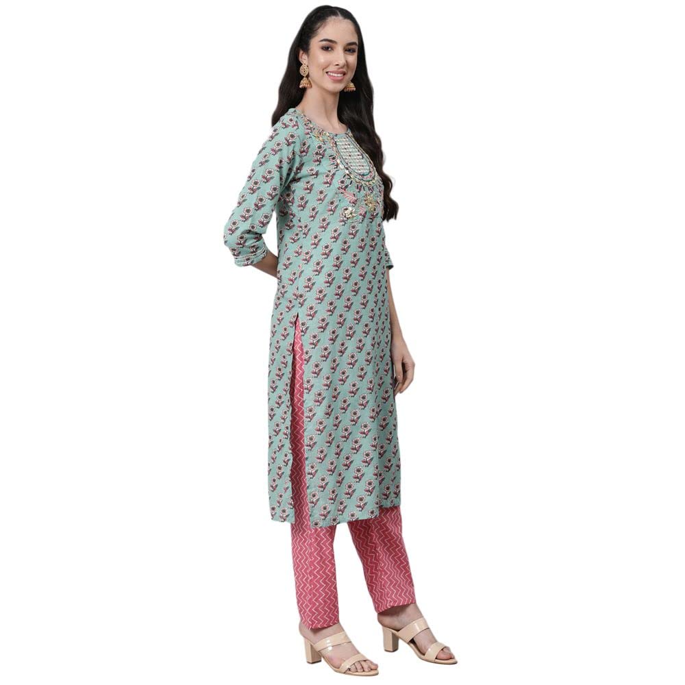 anubhutee Women's Green & Pink Printed Pure Cotton Kurta Suit Set with Pants & Dupatta