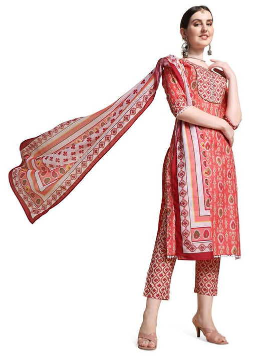 NAINVISH Cotton Blend Kurti Pant & Dupatta | Orange Kurta Set for Women | Women Kurta Pant Dupatta Set | Kurta Pant with Dupatta Set | Printed Kurta Pant Dupatta Set