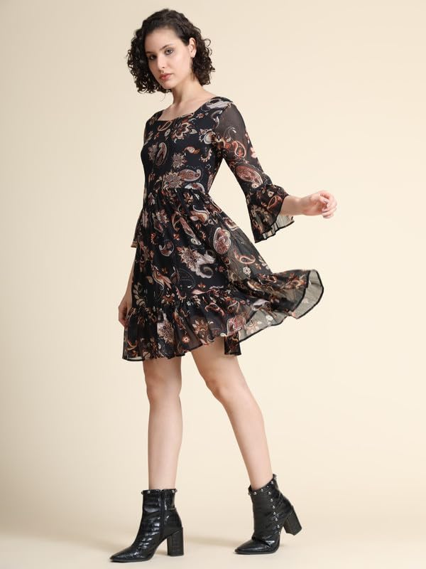 Toochki WomenS Black Georgette Paisley Print Fit & Flared Western Dress | Dress For Women | A Line Dress | Winter Dress | Weste