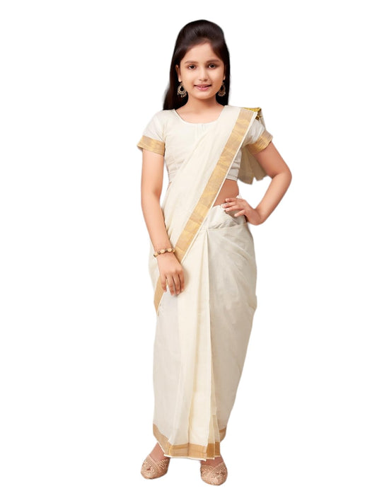 Aarika Girls Ethnic Wear Cream Colour Onam Cotton Blend Saree (3-9 Years)