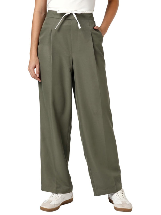 Bewakoof Womens Solid Wide Leg Polyester Blend Casual Pants_684298_Green_2XL