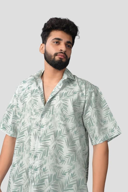Brown Culture MenS Cotton Blend Leaf Print Shirt With Spread Collared Half Sleeves Standard Length And Button Down Closure Type