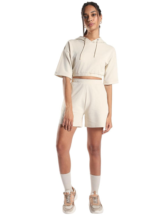 Nobero Women'S Sand Constance Popcorn Textured Co-Ord Set, Beige Popcorn Textured Co-Ord Set, Hooded Crop Top & Shorts Set, L