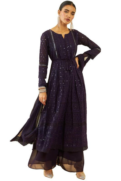 Soch Womens Purple Georgette All-Over Embroidered Palazzo Suit Set With Dupatta