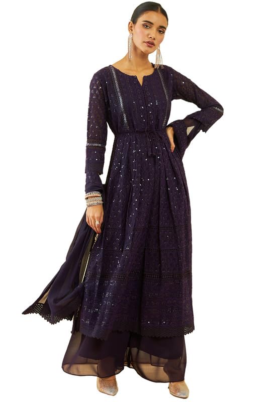 Soch Womens Purple Georgette All-Over Embroidered Palazzo Suit Set With Dupatta