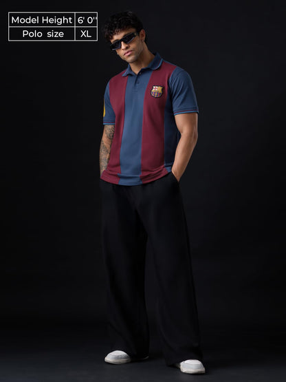 The Souled Store FC Barcelona: Retro Men and Boys Short Sleeve Spread Collar Navy Blue and Maroon Colour-Block Embroidered Cotto