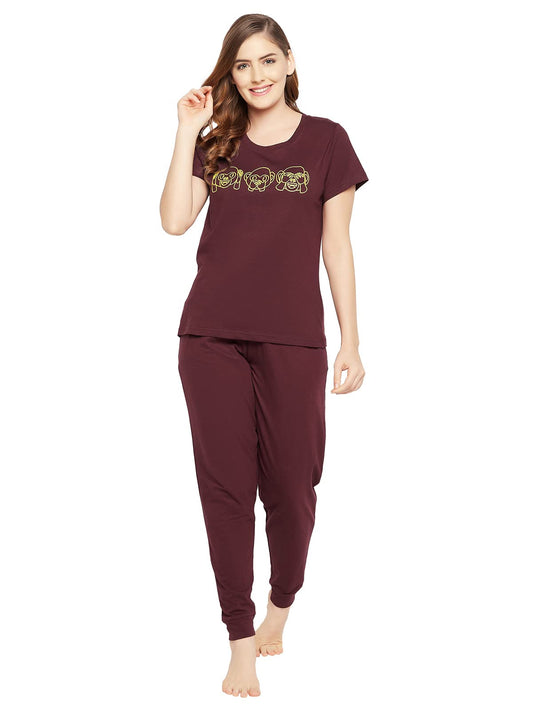 Clovia Womens Cotton Doodle Print Top & Jogger Set (LS0557P15_Purple_XXL)