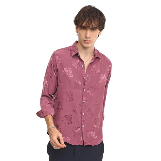 Campus Sutra Mens Rouge Pink Self-Design Floral Shirt for Casual Wear | Spread Collar | Long Sleeve | Button Closure | Shirt Cr