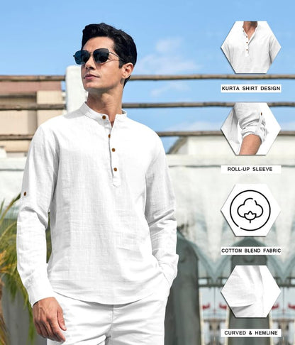 Macsivo MenS Cotton Polyster Blend Solid Short Kurta With Mandarin Collar Full Sleeve Button Closure Curved Hem Regular Fit | S