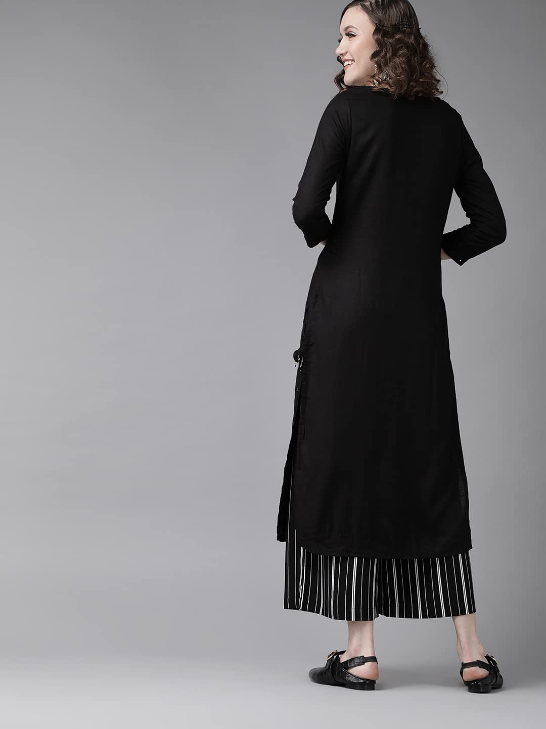 ishin Women's Rayon Black Embellished A-Line Kurta
