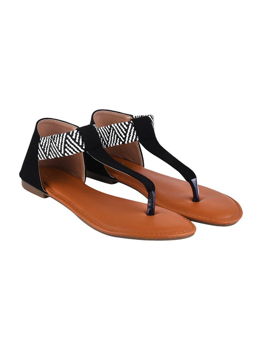 Shoetopia WomenS Ethnic Style T-Strap Sandals Black Chevron Ankle Strap Flats For Casual & Festive Comfortable & Stylish Party