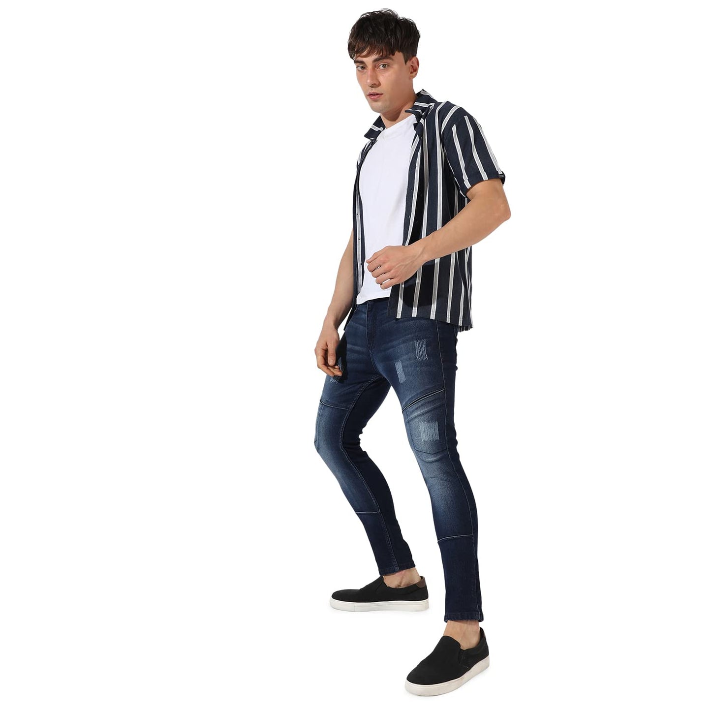 Campus Sutra Mens Classic Blue-Washed Solid Patterned Regular Fit Denim Jeans | Premium Mid-Rise Cotton Stretchable Crafted wit