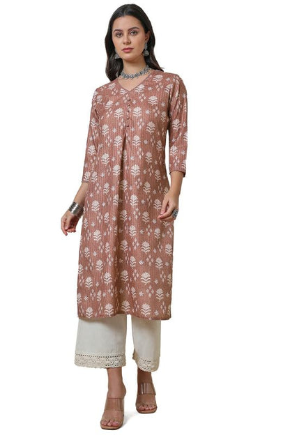 Soch Womens Earth Linen Blend Floral Print Kurta With Lace
