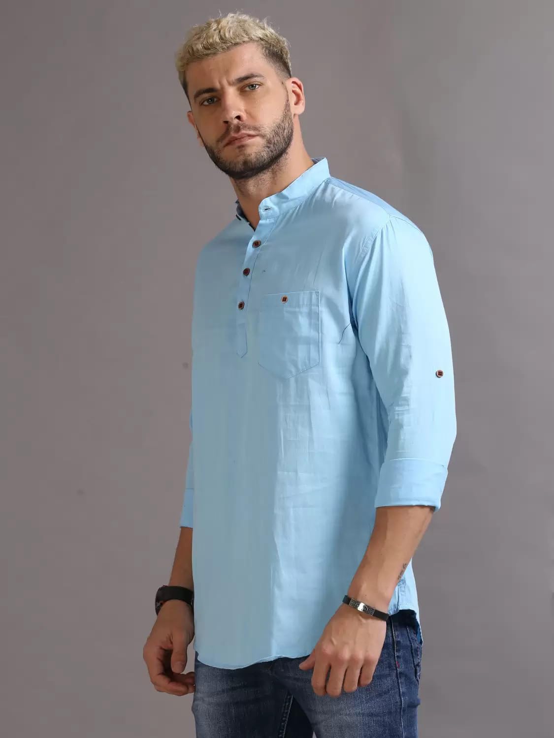 Deemoon MenS Cotton Blend Full Sleeve Short Kurta With Mandarin Collar Crafted From A Premium Cotton Blend Sky Blue