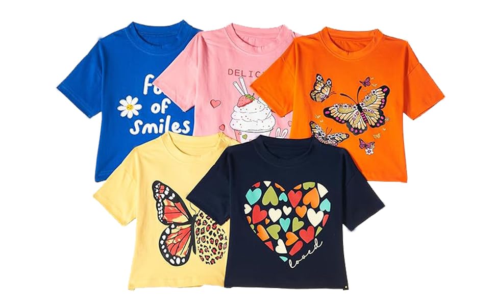 T2F Girls Cotton Printed Oversized Fit Crop Top (Pack of 5),Multicolour,6-7 Years