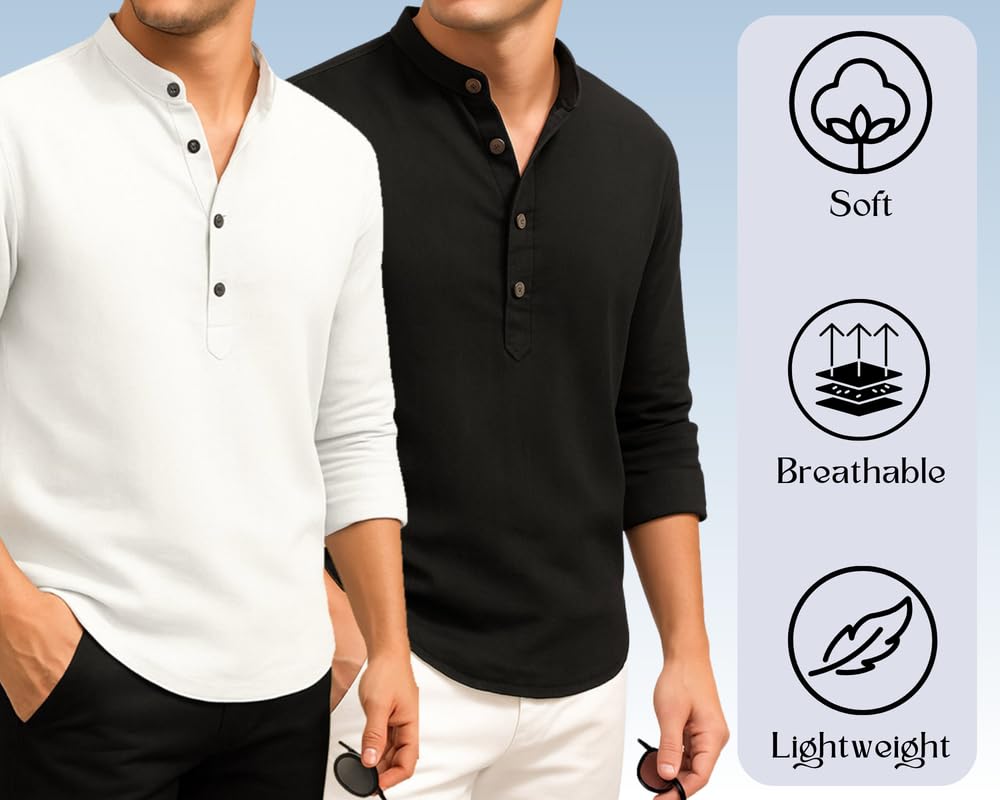 Deelmo Combo Of MenS Cotton Blend Solid Regular Fit Full Sleeve Short Kurta | MenS Trendy Short Kurta Pack Of 2 White - Black