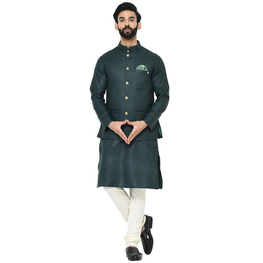 Kisah Men Green Off-White Solid Kurta With Churidar Jacket, Full Sleaves, Knee Length, Straight, Regular Fit, Mandarin Collar Et