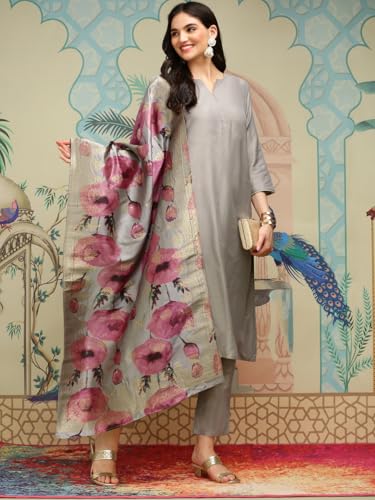 Ishin Grey Regular Silk Crepe A Line Kurta With Trousers & With Dupatta | Kurta Set For Women | Kurta With Trousers And Dupatta