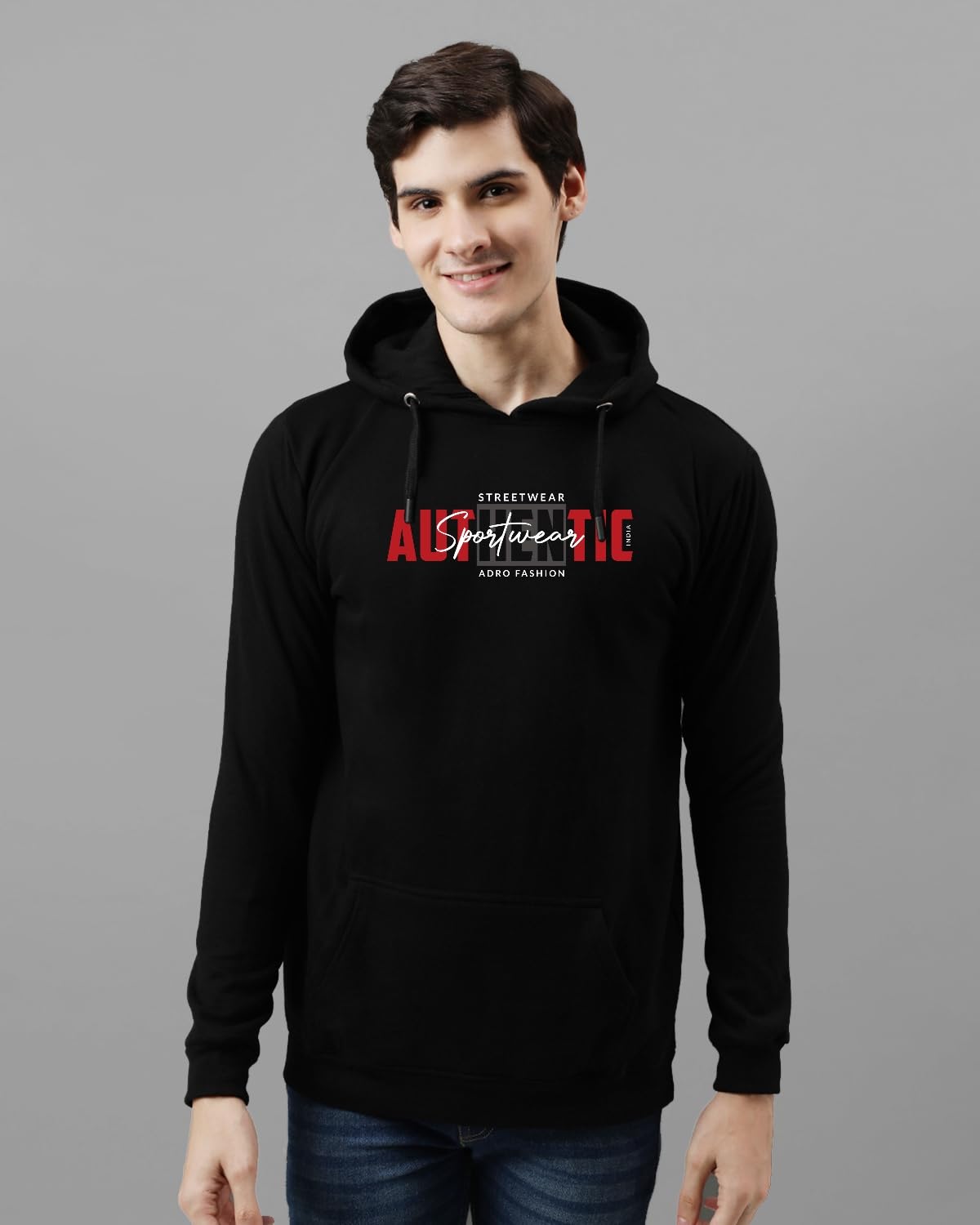ADRO Men's Cotton Blend Neck Hooded Sweatshirt (H24-SPT-BL_Black