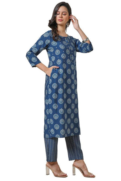 Soch Womens Blue Muslin Blend Ethnic Motifs Kurta Set With Faux Mirror