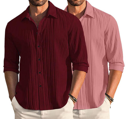 Deelmo Combo Of MenS Casual Button Down Shirts Long Sleeve Linen Shirt Fashion Textured Summer Shirts Pack Of 2