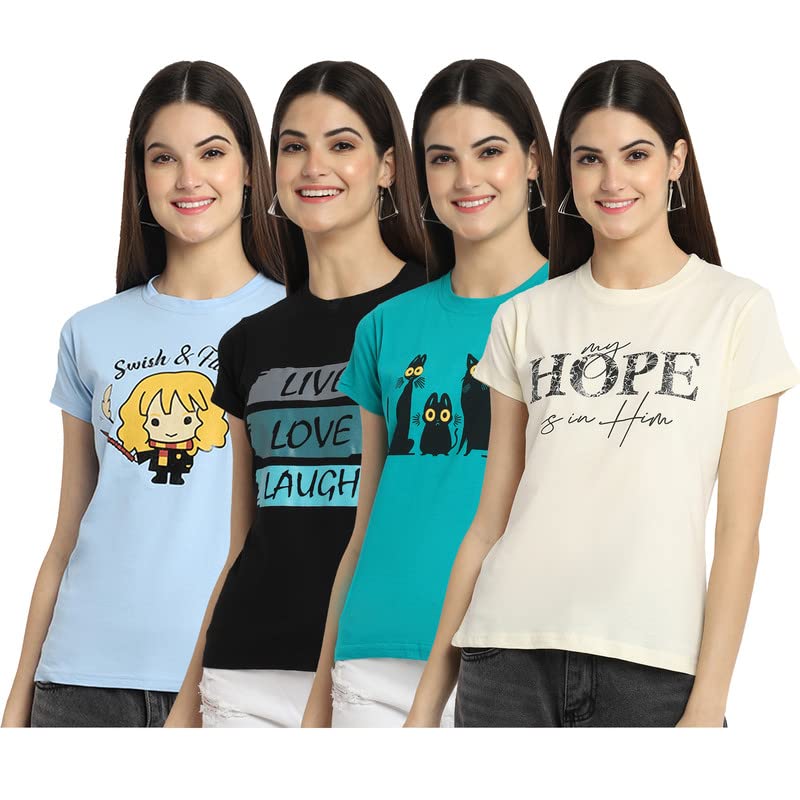 Preneum Womens Cotton Regular Fit Latest Graphic Stylish Printed Short Sleeves Casual T-Shirt || Trendy & Latest Style (Pack 4)