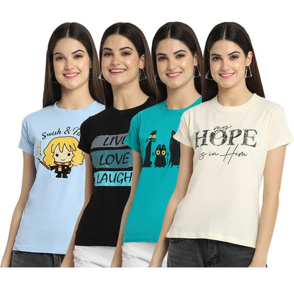 Preneum Womens Cotton Regular Fit Latest Graphic Stylish Printed Short Sleeves Casual T-Shirt || Trendy & Latest Style (Pack 4)